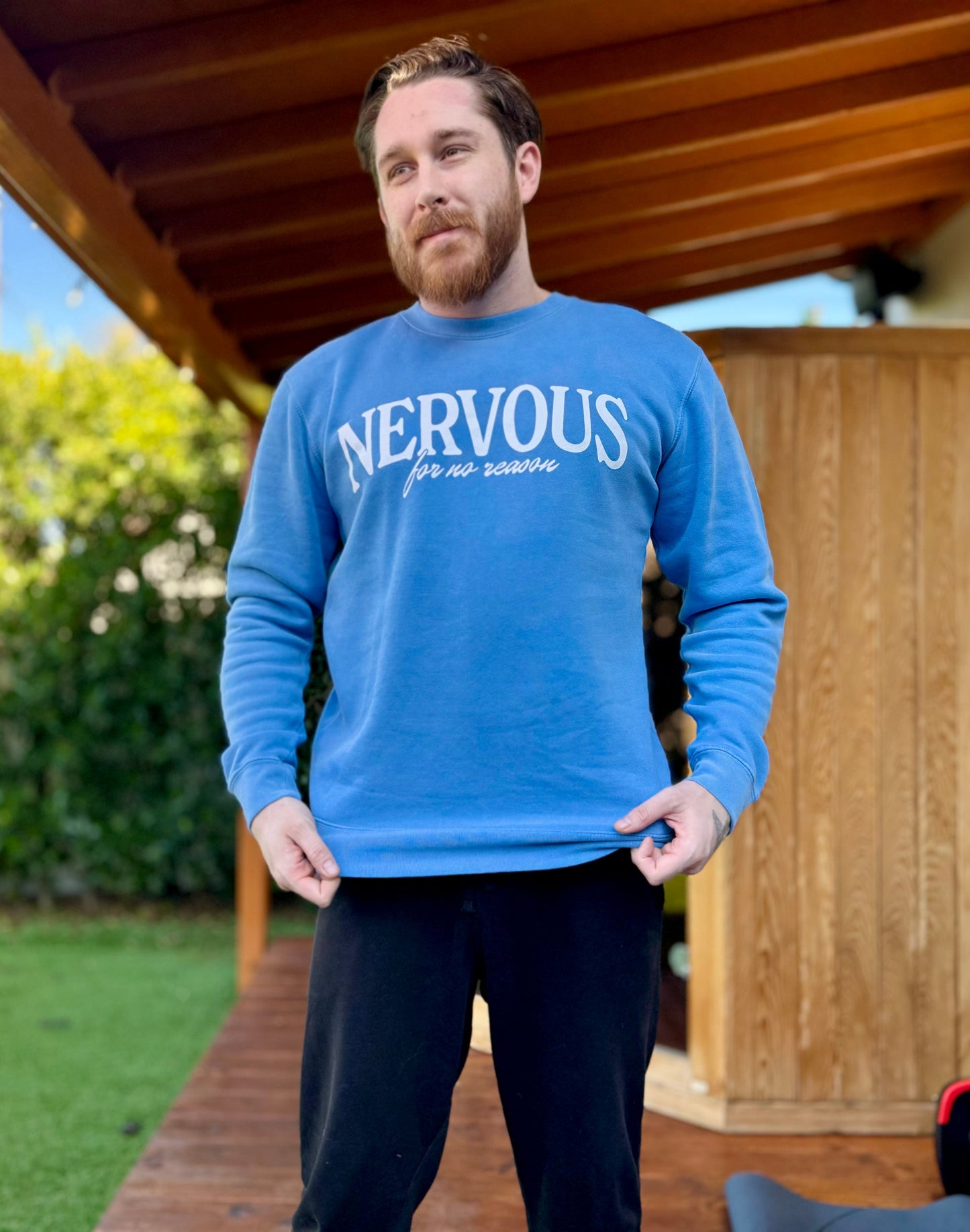 Ryan Abe Blue Nervous For No Reason Crewneck Sweater Crewneck Ryan Abe 